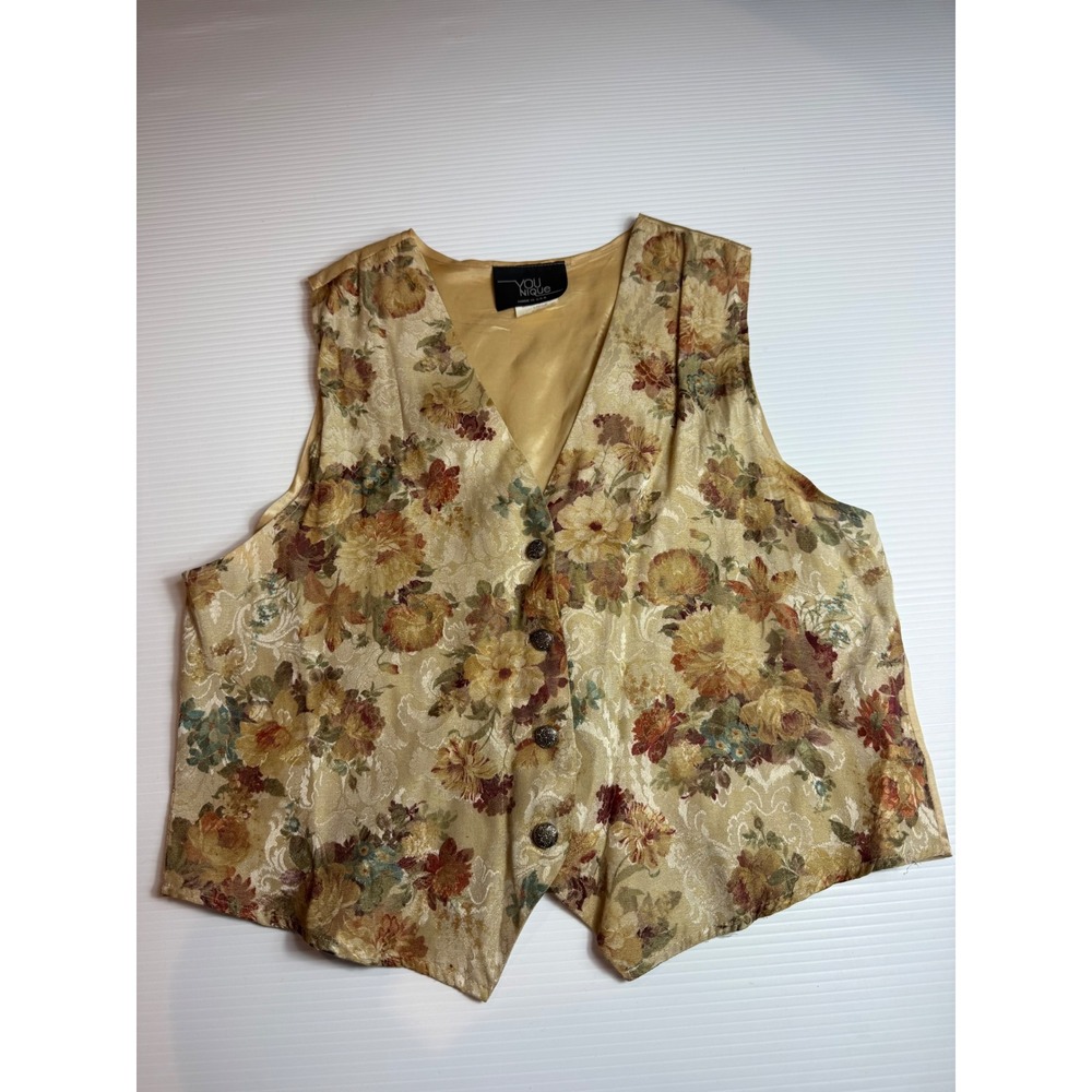 Younique Floral Vest Women's Large Gold Satin Lined Made in USA